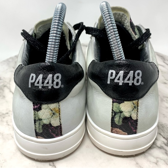 P448 John Black Floral Leather Low Top Sneakers 40/9-10 Casual Preppy Athleisure - Picture 5 of 16